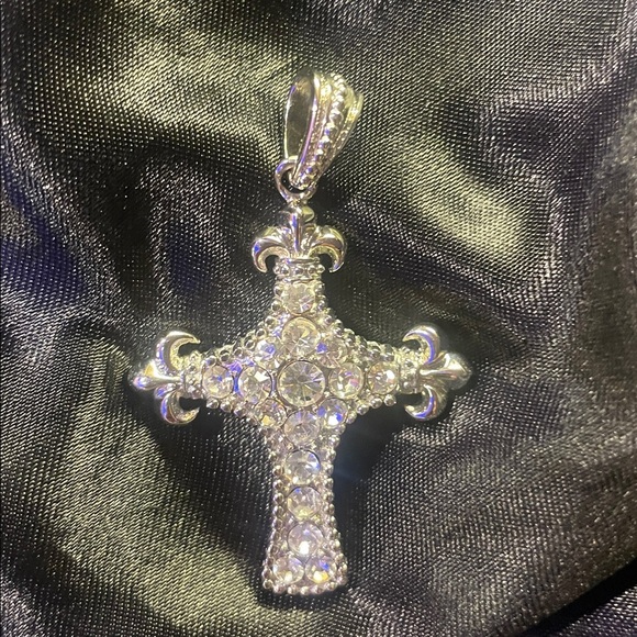 None Accessories - Silver Cross Pendant with Crystals